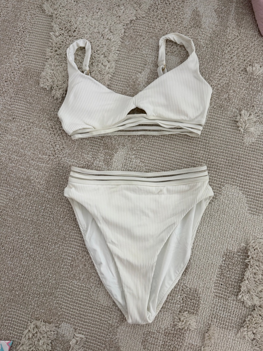 Isabella Rose Ribbed Ivory Swimsuit Top and High-Cut Bottoms